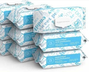 lot 6824 image: Four Pack 90 ct Amazon Elements Baby Wipes, Unscented, Flip Top