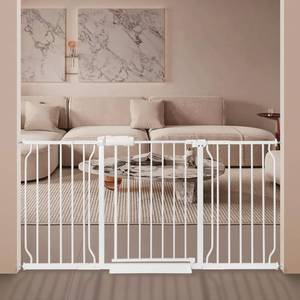 lot 6843 image: $113 Wide Baby Gate with Door, Pressure Mounted 57.5 62.2 in White