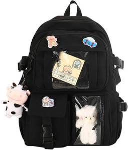 lot 6856 image: Kawaii Backpack with Pin Pendant Travel Laptop Bag (Black)
