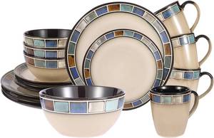 lot 6919 image: $99 Stoneware 16-Piece Dinnerware Set for 4, Plates, Bowls, Mugs, Blue