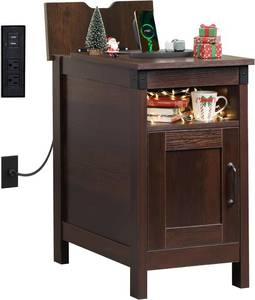 lot 6922 image: $100 WLIVE End Table with Charging Station, Narrow Side Table, Brown