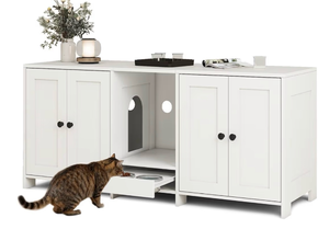 lot 1369 image: Double Litter Box Enclosure, Hidden Litter Boxes Furniture for 2 Cats, Large Litter Box Cabinet with Cat Feed Station, Cat House, TV Stand, Side Table