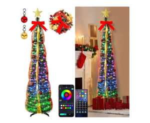 lot 1402 image: 5Ft Prelit Tinsel Pop Up Christmas Tree with Ornament,Fully Decorated Collapsible Pencil Christmas Tree with DIY Multicolor Lights and Modes,App-Controlled Xmas Trees for New Year Indoor Outdoor Decor