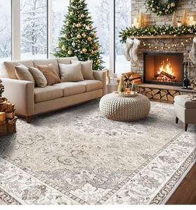 lot 1410 image: 10x14 Washable Vintage Area Rug - Large Rugs for Living Room Soft Stain Resistant Carpet with Non-Slip Backing Low Pile Water Resistant Rug for King Size Bed Pet Friendly Home Decor Mat(10x14 Beige)