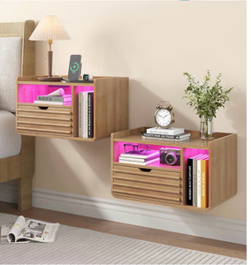 lot 1426 image: Maupvit Wood Floating Nightstand Set of 2, Wall Mounted Night Stand with Drawer and Charging Station, Bedside Table with Open Shelf, Led Nightstand for Bedroom, Easy Assembly