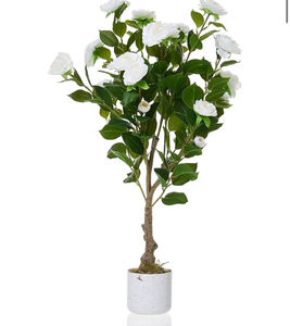 lot 1443 image: 2.8FT Faux Camellia Tree with White Flowers in Modern Planter, Indoor Flowering Plant for Home Office D�cor, Low Maintenance Artificial Tree for Covered Outdoor Spaces