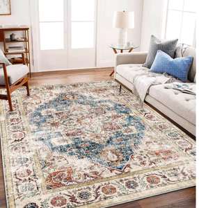 lot 1445 image: Beige Blue Washable Area Rug 8x10 Boho Chic Medallion Distressed Design Non-Shedding Easy Care Ideal for High Traffic Areas in Living Room Bedroom Office Coffee Table Large Carpet