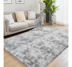 lot 1463 image: Ultra Soft Area Rugs for Living Room, 5x8 Tie-Dyed Light Grey Fluffy Plush Rugs for Bedroom, Non-Slip Floor Carpet for Nursery, Bedside, Playroom, Corridor, Indoor Decor