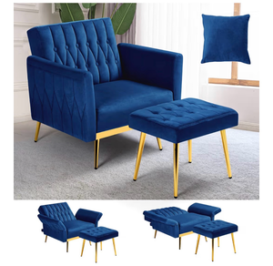 lot 1499 image: Velvet Accent Chair with Adjustable Armrests and Backrest, Button Tufted Lounge Chair, Single Recliner Armchair with Ottoman and Pillow for Living Room, Bedroom, Blue
