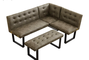 lot 1500 image: Modern L-Shaped Dining Bench, Vintage Fabric Upholstered Corner Sofa with Metal Legs for Kitchen Nook, Living Room, Dining Room (Brown)