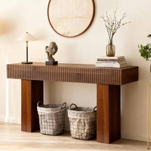 lot 141819 image: Retails for $140 ZYBT 56 Fluted Console Table, Boho Vanity Desk Wooden Narrow Sofa Table Behind The Couch, Farmhouse Entryway Table for Entrance, Hallway,Living Room,Bedroom, Home Office,Brown