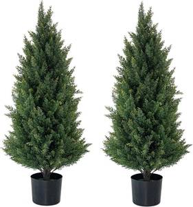 lot 161063 image: Retails for $109 Artificial Topiary Trees 3 Foot Artificial Cedar Trees UV Resistant Potted Plant Set of 2 Faux Bushes Fake Shrubs for Outdoor Indoor Front Porch Garden