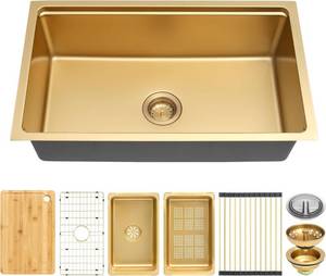 lot 161079 image: Retails for $278 MILOSEN 30 Inch Gold Undermount Kitchen Sink, 30 x 18 Gold Stainless Steel Sinks, Single Bowl Workstation Sink with Custom Accessories, Modern Under Counter Design, 9 Large and Deep Kitchen Sinks