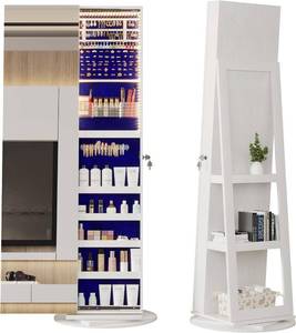 lot 241752 image: Retails for $140 LVSOMT 360 Swivel Jewelry Mirror Cabinet with Lights, Standing Jewelry Armoire Organizer, 63 Rotatable Full-Length Mirror with Jewelry Storage, Lockable with Back Storage Shelve, White