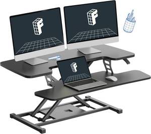 lot 321006 image: Retails for $115 FLEXISPOT 36-inch Standing Desk Converter Height Adjustable Sit to Stand Up Workstation, Dual Monitor and Laptop Riser with Wide Keyboard Tray, Black