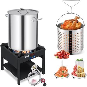 lot 361089 image: Retails for $215 ARC 52QT Seafood Boiling Kit, 200,000BTU Propane Burner And Stainless Steel Crawfish Boil Pot wBasket and Steamer Rack, For Outdoors Cooking and Steaming, Large Turkey Fryer, Lobster Shrimp Pot
