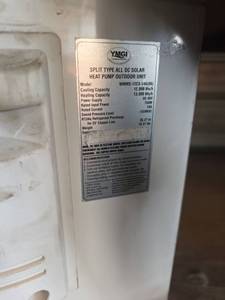 lot 64667 image: YMGI 12,000 BTU Solar AcHeat Pump Split System (Needs to have refrigerant charged)