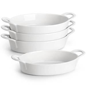 lot 1231 image: MALACASA Small Casserole Baking Dishes for Oven, Ceramic Oval Baking Dish Sets of 4, 8 x 5 Inch Au Gratin Baking Pans with Handles for Roasting, Lasagna, Pie, Baking Meat & Vegetables, White