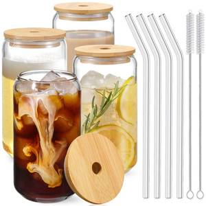 lot 1232 image: Drinking Glasses with Bamboo Lids and Glass Straw 4pcs Set - 16oz Glass Cups, Iced Coffee Glasses, Cute iced Tea Glasses, Beer Glasses, Ideal for Coffee Bar Accessories, Aesthetic Gift - 2 Brushes