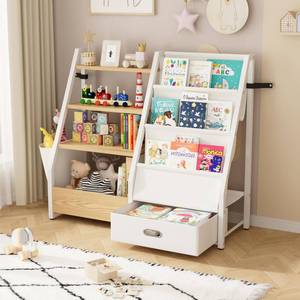 lot 1234 image: KIDINIX Kids Bookshelf and Toy Storage - 3 Tier Sling Book Shelf with Toy Organizer, Montessori Toddler Bookcase for Bedroom, Playroom, Children Room, Nursery, Classroom, White and Natural