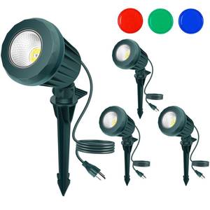 lot 1237 image: Holeva Christmas Spotlight Outdoor, 2700K Warm White LED Landscape Spot Lights with RGB 3 Lenses, IP67 Waterproof, 120V Plug-in, Holiday & Everyday Decor for Yard Garden Lawn Tree (4 Pack, Green)