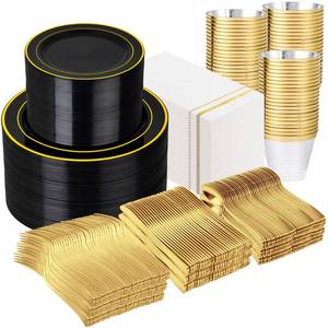 lot 1238 image: GATHER 700PCS Black Plastic Plates - Gold Disposable Plastic Dinnerware Set Include 200 6.3inch9inch Black Plates, 300 Silverware, 100 Napkins, 100 Cups for Party & Wedding & New Year