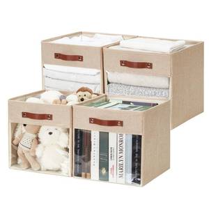lot 1243 image: Roobyl Storage Cube Organizer with Clear Window, Linen Collapsible Storage Boxes with PU Handles, Cube Storage Bins for Shelf, Closet, Cabinet, Bookcase (13x13x13, Khaki)