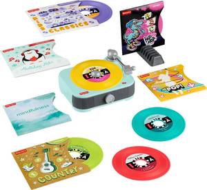 lot 1244 image: Fisher-Price Musical Toy Deluxe Rockin�� Record Player Pretend Turntable with 6 Albums for Preschool Play Plus Bonus Exclusive Holiday Album Kids Ages 3 Years (Amazon Exclusive)