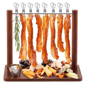 lot 1271 image: Wonderjune Acacia 13 Inch Bacon Display Rack Wooden Bacon Tray Hanger Serving Dishes Meat Display Holder for Wedding Home Party Housewarming Gifts