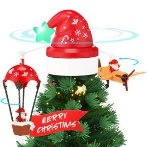 lot 1274 image: Realspring Christmas Animated Tree Topper with Santas Hot Air Balloon and Plane with Banner Funny Christmas Tree Decoration