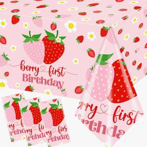lot 2051 image: Dydamud Berry First Birthday Decor, 3Pcs Strawberry Tablecloth Plastic Table Cover Strawberry 1st Birthday Decorations for Girl