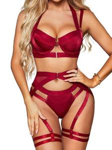 lot 2064 image: Kaei&Shi Garter Belt Thong Lingerie For Women,Strappy Hollow Out Underwire Racerback Sexy Lingerie,Harness Garter Leg Strap Matching 4 Piece Lingerie Set Boudoir Burgundy Medium