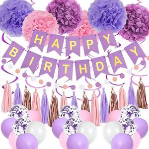 lot 2070 image: Purple Pink Birthday Party Decorations for Women Girls with Happy Birthday Banner,Hanging Swirls,Tissue Paper Pompoms,Circle Dots Garland,Tassel Garland Purple Balloons