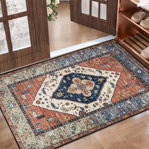 lot 2085 image: Bazasa Washable Boho Area Rug 2x3ft Vintage Front Door Rug Non-Slip Soft Indoor Doormat Small Oriental Rug Low Pile Door Mat Bohemian Carpet for Entryway Living Room Kitchen Bedroom Bathroom (Fire)