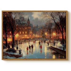 lot 2091 image: WHASAYART Vintage Christmas Wall Art 12x16 Framed Canvas Print, Holiday Bustling Town Center Winter Ice Skating Scene Christmas Tree City Lights Painting, Rustic Living Room Bedroom Seasonal Decor