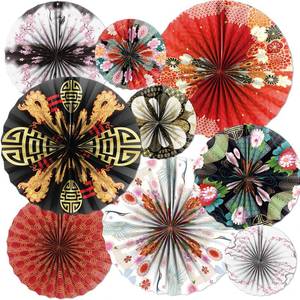 lot 2107 image: FodeMoraka Hibachi Birthday Party Decorations - 9 Pcs Red Black White Round Paper Fans Set Crane Plum Dragon Japanese Theme Supplies Favors Wall Hanging Decor Photo Backdrops