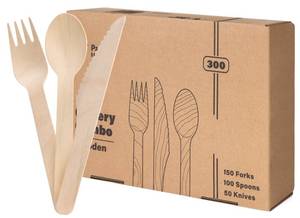 lot 2168 image: Pantry Value 300 Combo Pack Compostable Wooden Cutlery Set, 150 Forks - 100 Spoons - 50 Knives Disposable Biodegradable Utensils for Parties, Camping, and Everyday Use - Compostable Utensils Sets