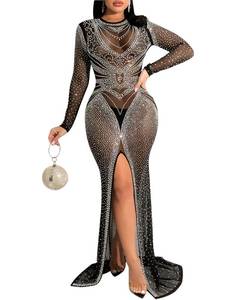 lot 2170 image: Nagfar Women Rhinestone Birthday Party Long Sleeve Dresses Sexy Club Night Out Maxi Dress Clubwear(S5595,Black,L)