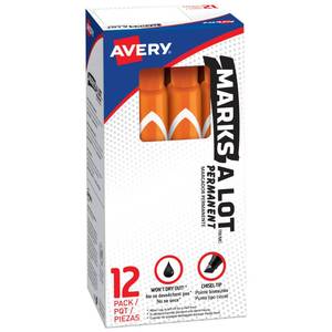 lot 2205 image: Avery Marks A Lot Permanent Markers, Large Desk-Style Size, Chisel Tip, Water and Wear Resistant, 12 Orange Markers (08883)