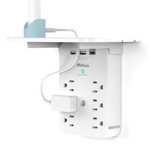 lot 2215 image: Wall Outlet Extender with Surge Protector, 6 AC Outlets, Shelf, 2 USB & USB C Charging Ports - Home & Dorm Plug Expander