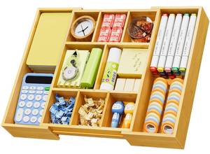 lot 2219 image: Marbrasse Bamboo Expandable Drawer Organizer, Desk Drawer Organizer Tray with 5 Dividers, Desk Organizers and Accessories, 10 Adjustable Compartments for Office Supplies, Junk, Makeup & Vanity