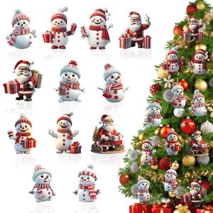 lot 2229 image: 12 Pcs Christmas Tree Decorations Xmas Snowman Hanging Ornaments Cute Cartoon Snowmen Santa Claus Ornaments Designs Mini Acrylic Hanging Ornament Christmas Tree Ornaments for Holiday Party Decor