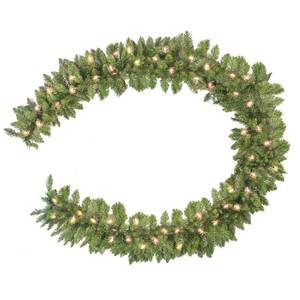 lot 5056 image: HiBean Christmas Garland 9 FT by 12 Inch,Pre-lit Garland with 50 Warm Lights, Classic Green Christmas Garland with 340 Branch Tips for Mantle, Fireplace, Stairs Railing, Front Door