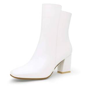 lot 5059 image: IDIFU Womens Ada Fashion Square Toe Ankle Boots Low Block Heel Short Boots Side Zipper Booties Shoes- Half Size Larger (White Pu, 9 M US)