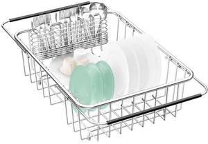 lot 5073 image: Fanbsy Large Dish Drainer Rack in Sink Adjustable, Expandable 304 Stainless Steel Metal Dish Drying Rack Organizer with Stainless Steel Utensil Holder Over Inside Sink Counter, Rustproof