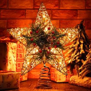 lot 5097 image: BrizLabs Christmas Tree Topper, 11�� Rattan Star Treetop with 10 Warm Lights, 120V UL Certified Christmas Tree-top Star, Vine Christmas Tree Star Topper for Christmas Indoor Party Home Decor