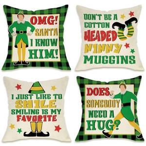 lot 6066 image: Fahrendom Christmas Elf Decorative Throw Pillow Covers 18 x 18 Set of 4, Funny Xmas Quotes Green Plaid Porch Patio Outdoor Pillowcase, Winter Holiday Sofa Couch Cushion Case Home Decor