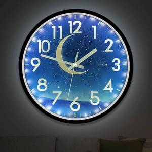 lot 6078 image: JoFomp Glow in The Dark Wall Clocks Battery Operated, 12 Inch Blue Moon Silent Wall Clock Non Ticking, LED Sound Control Light Up Wall Clock for Bedroom, Night Light Wall Clocks for Living Room Decor