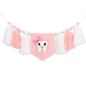 lot 6082 image: Teeth Party Tassel High Chair Banner - Dental Birthday Decoration, Pink and White High Chair Banner, Tooth Themed Tasse Garland, for First Tooth Party Supplie