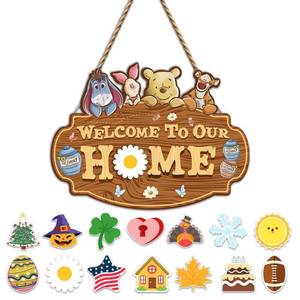 lot 6094 image: Winnie Welcome Sign for Door Decor, the Pooh Welcome to Our Home Sign with Interchangeable Holiday Sign, Welcome Sign for Home Farmhouse, Perfect for Christmas Thanksgiving Gifts, Housewarming Gifts